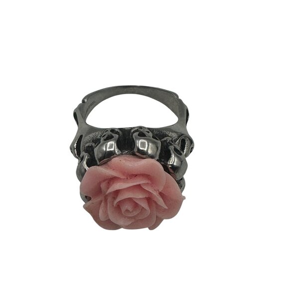 Gothic Pink Rose Skull-Themed Ring With Silver Band - Picture 5 of 7